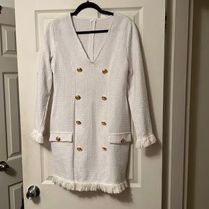 White dress with gold buttons